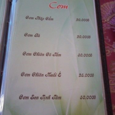 Thực đơn- Quán Ăn Cơm Chay Cô Tấm