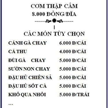 Thực đơn- Quán Ăn Cơm Chay Diệu Vy 2 - Nguyễn Xí