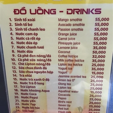 Thực đơn- Quán Ăn Cơm Ngon - Vietnamese Food