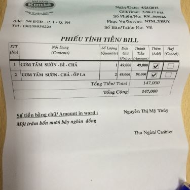 Thực đơn- Nhà Hàng Cơm Tấm Kim Kê - Parkson CT Plaza