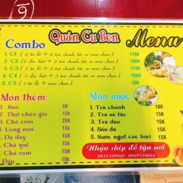 Thực đơn- Quán Ăn Cu Ben - Bún Đậu & Ăn Vặt