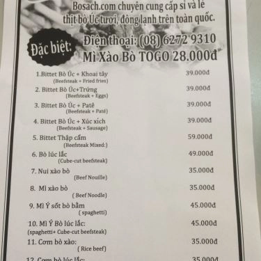 Thực đơn- Quán Ăn Bò Sạch - Các Món Bò Úc
