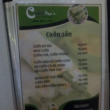 Thực đơn- Quán Ăn Cuốn Papa's