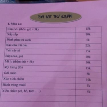 Thực đơn- Quán Ăn Đà Lạt Thư Quán - Bún Riêu & Ăn Vặt