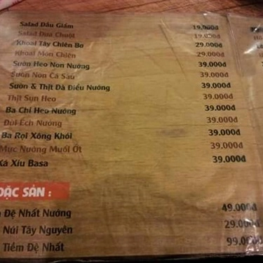 Thực đơn- Quán Ăn Đệ Nhất Nướng