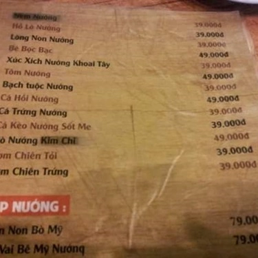 Thực đơn- Quán Ăn Đệ Nhất Nướng