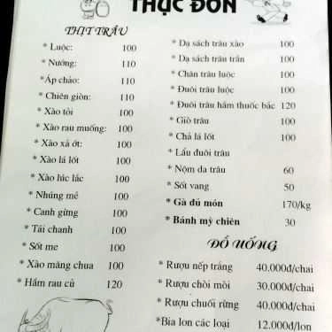 Thực đơn- Quán Ăn Đệ Nhất Thịt Trâu Rừng & Gà Lê Lợi