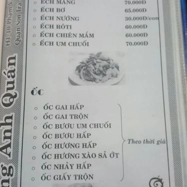 Thực đơn- Quán Ăn Đông Anh Quán - Hải Sản Tươi Sống