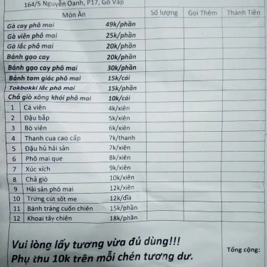 Thực đơn- Quán Ăn Đông Mập - Trà Sữa & Gà Cay Phô Mai