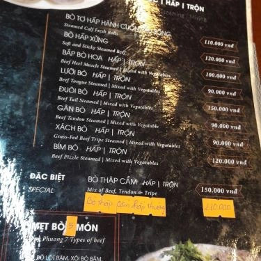 Thực đơn- Nhà Hàng Đông Phương - Đặc Sản Bò Tơ