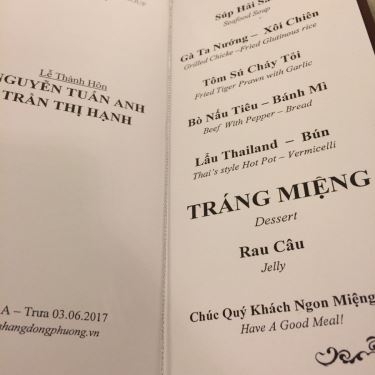 Thực đơn- Nhà Hàng Đông Phương - Tiệc Cưới & Hội Nghị - Hoàng Việt