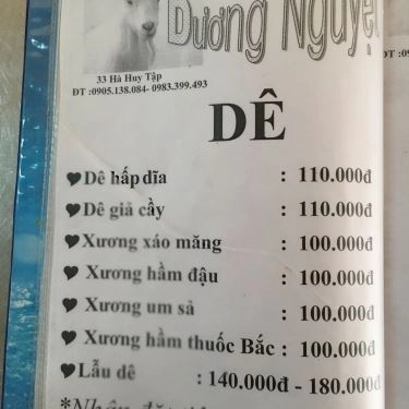 Thực đơn- Quán Ăn Dương Nguyệt Quán - Các Món Dê