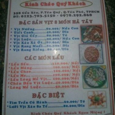 Thực đơn- Quán Ăn Duy Tân Quán - Vịt 8 Món Hà Tây - Cầu Xéo