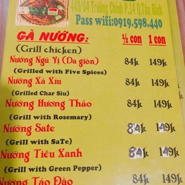 Thực đơn- Quán Ăn Gà Khuyết - Gà Nướng Ngũ Vị - Trường Chinh