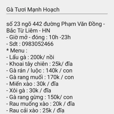 Tổng hợp- Quán Ăn Gà Tươi Mạnh Hoạch - Ngõ 442 Phạm Văn Đồng
