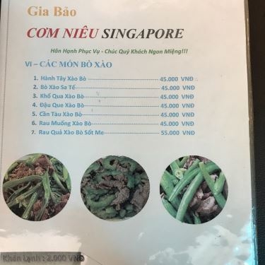 Thực đơn- Nhà Hàng Gia Bảo - Cơm Niêu Singapore