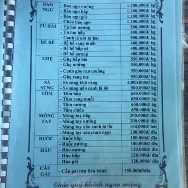 Thực đơn- Quán Ăn Hải Âu Quán - Hải Sản