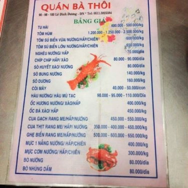 Thực đơn- Quán Ăn Hải Sản Bà Thôi - Lê Đình Dương