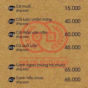 Thực đơn- Nhà Hàng Hải Sản Bảo Chi - Nguyễn Hữu Huân