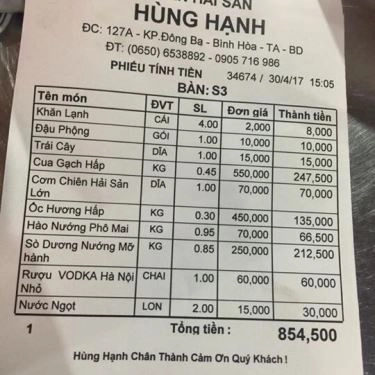 Thực đơn- Quán Ăn Hải Sản Hùng Hạnh