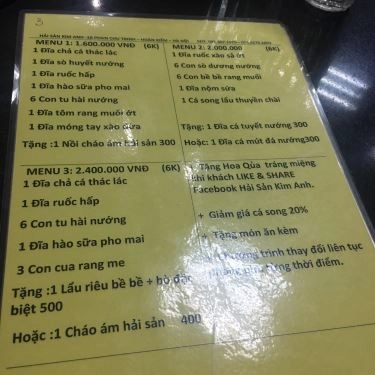 Thực đơn- Nhà Hàng Hải Sản Kim Anh - Phan Chu Trinh