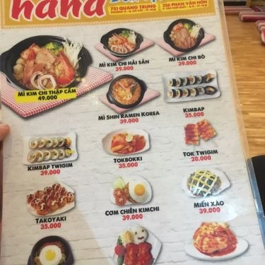 Thực đơn- Quán Ăn Hana - Mì Cay 7 Cấp Độ Hàn Quốc - Phan Văn Hớn