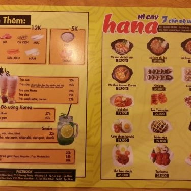 Thực đơn- Quán Ăn Hana - Mì Cay 7 Cấp Độ Hàn Quốc - Phan Văn Hớn