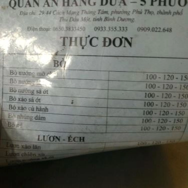Thực đơn- Quán Ăn Hàng Dừa - Bò Nướng, Cá Lóc Nướng