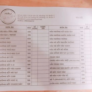Thực đơn- Quán Ăn Hàu Chóp Chép - Thế Giới Hàu - Trường Sa