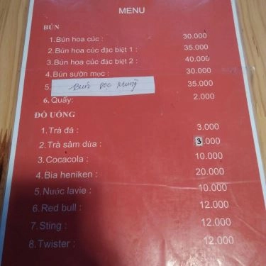 Thực đơn- Quán Ăn Hoa Cúc Quán - Bún Gia Truyền