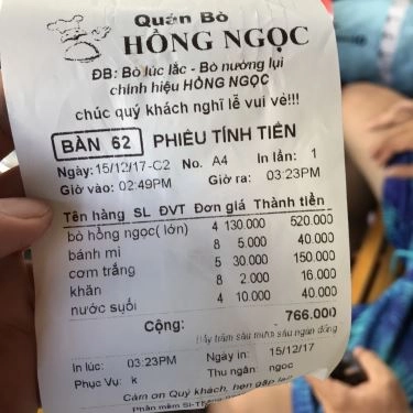 Thực đơn- Quán Ăn Hồng Ngọc - Bò Nướng & Hải Sản - Phan Bội Châu