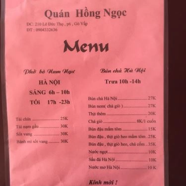 Thực đơn- Quán Ăn Hồng Ngọc - Bún Chả Hà Nội & Bún Đậu Mắm Tôm