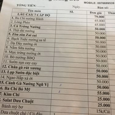 Thực đơn- Quán Ăn Hùng Béo - Nướng Lụi