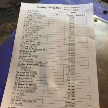 Thực đơn- Quán Ăn Hùng Béo - Nướng Lụi