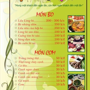 Thực đơn- Quán Ăn Hưng Phấn Quán - Lẩu Lòng Bò & Cơm Bình Dân