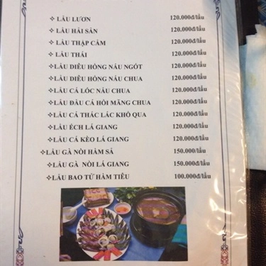 Thực đơn- Quán Ăn Hương Quê - Hội Quán Gà Lai VN