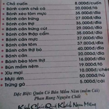 Thực đơn- Quán Ăn Hương Quê - Bánh Căn & Bánh Xèo