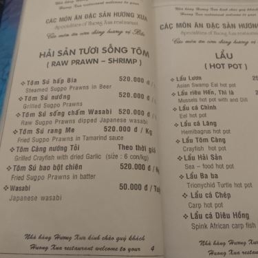 Thực đơn- Nhà Hàng Hương Xưa - Lý Tự Trọng