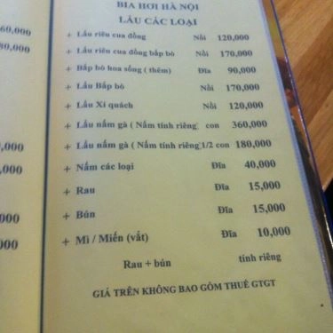 Thực đơn- Quán Ăn Huy Béo - Bia Hơi Hà Nội - Nam Kỳ Khởi Nghĩa