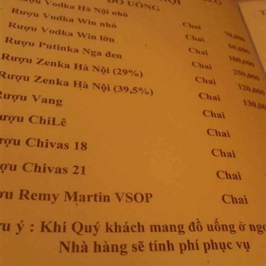 Thực đơn- Quán Ăn Huy Béo - Bia Hơi Hà Nội - Nam Kỳ Khởi Nghĩa
