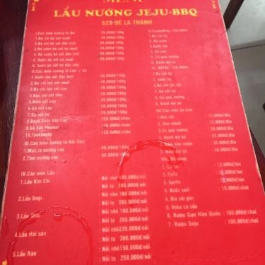 Thực đơn- Quán Ăn Jeju BBQ Nướng Lẩu