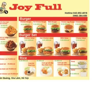Thực đơn- Quán Ăn Joy Full - Gà Rán & Burger