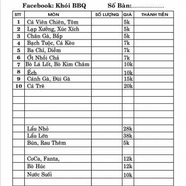 Thực đơn- Quán Ăn Khói BBQ