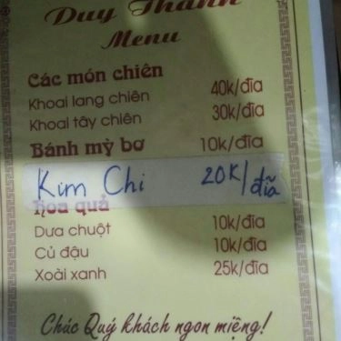 Thực đơn- Quán Ăn Làng Nướng Duy Thành - Văn Quán