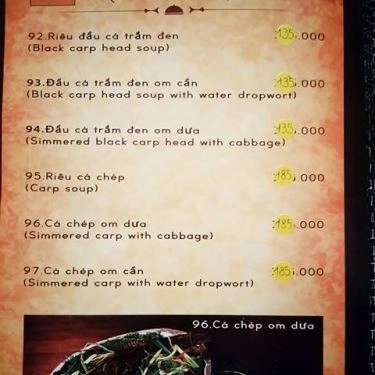 Thực đơn- Quán Ăn Làng Vũ Đại - Ẩm Thực Miền Bắc