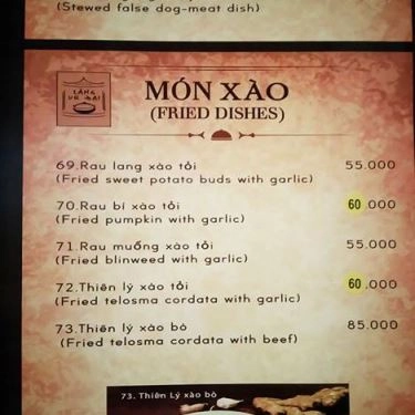 Thực đơn- Quán Ăn Làng Vũ Đại - Ẩm Thực Miền Bắc