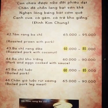 Thực đơn- Quán Ăn Làng Vũ Đại - Ẩm Thực Miền Bắc