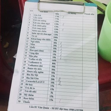 Thực đơn- Quán Ăn Lẩu 81 - Văn Quán