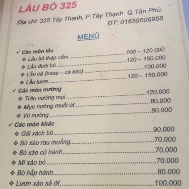 Thực đơn- Quán Ăn Lẩu Bò 325