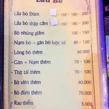 Thực đơn- Quán Ăn Lẩu Bò Đùm Hưng Lợi